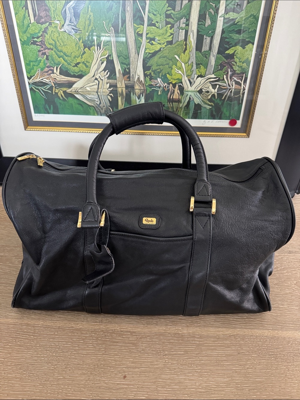 Rondo Black Genuine Leather Duffel Bag with Gold Accents - Quilted Brand